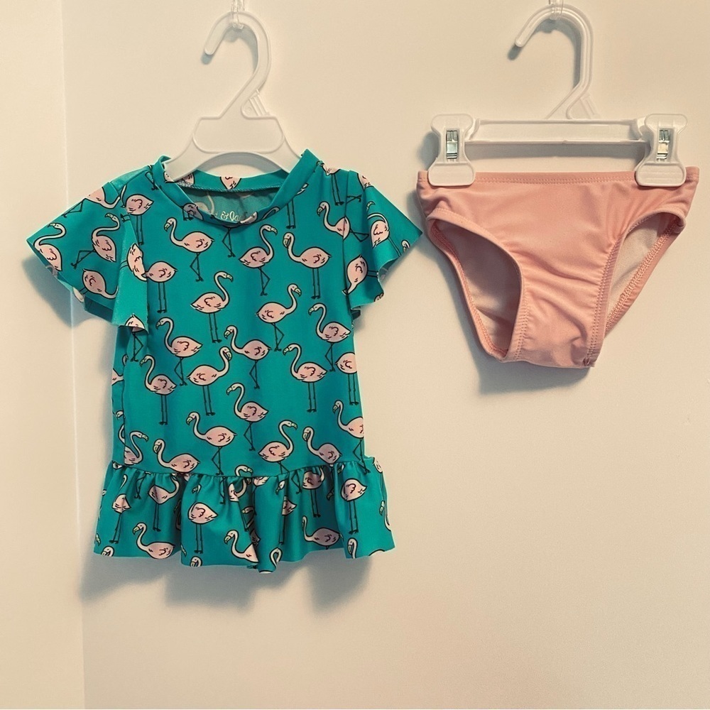 Cat & Jack Baby Girls Flamingo Two Piece Short Sleeve Swimsuit Size 18 Months